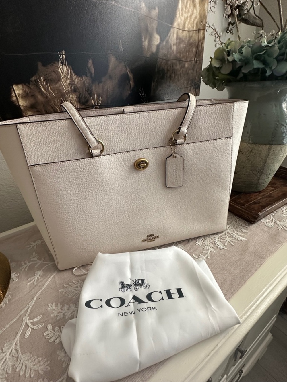 Coach Folio Tote 78243 Chalk Leather Laptop Work Bag Large Turn Lock